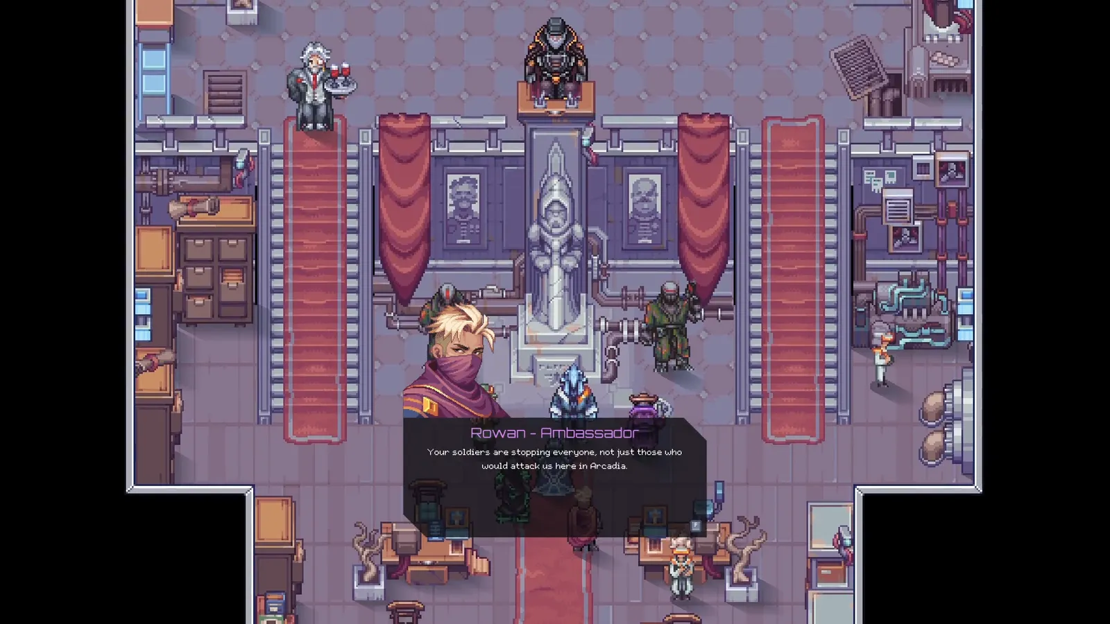 A player talking to an NPC ambassador in a grand hall in Soulbound: Online