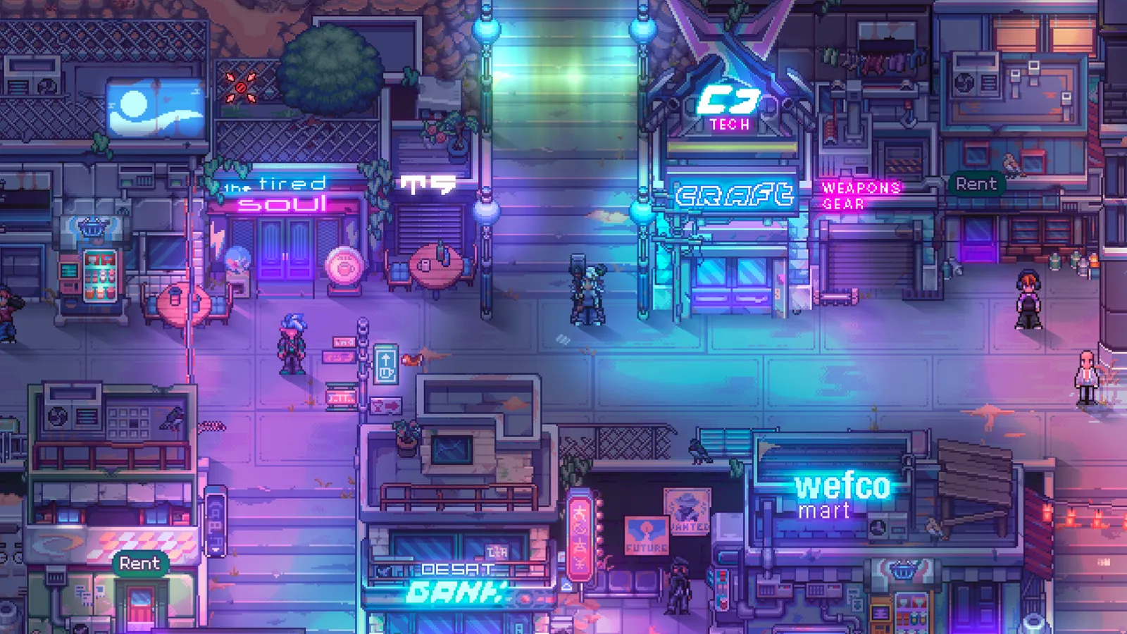 A neon-lit street in Arcadia with the DeSat Bank sign visible in Soulbound: Online
