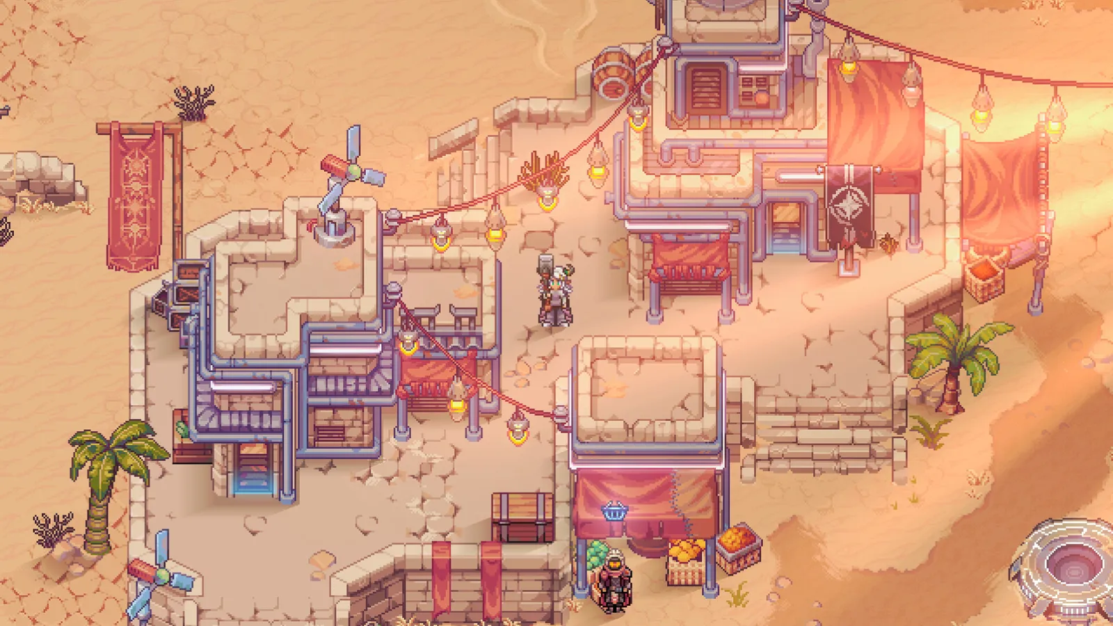 A sandstone desert town with market banners in Soulbound: Online