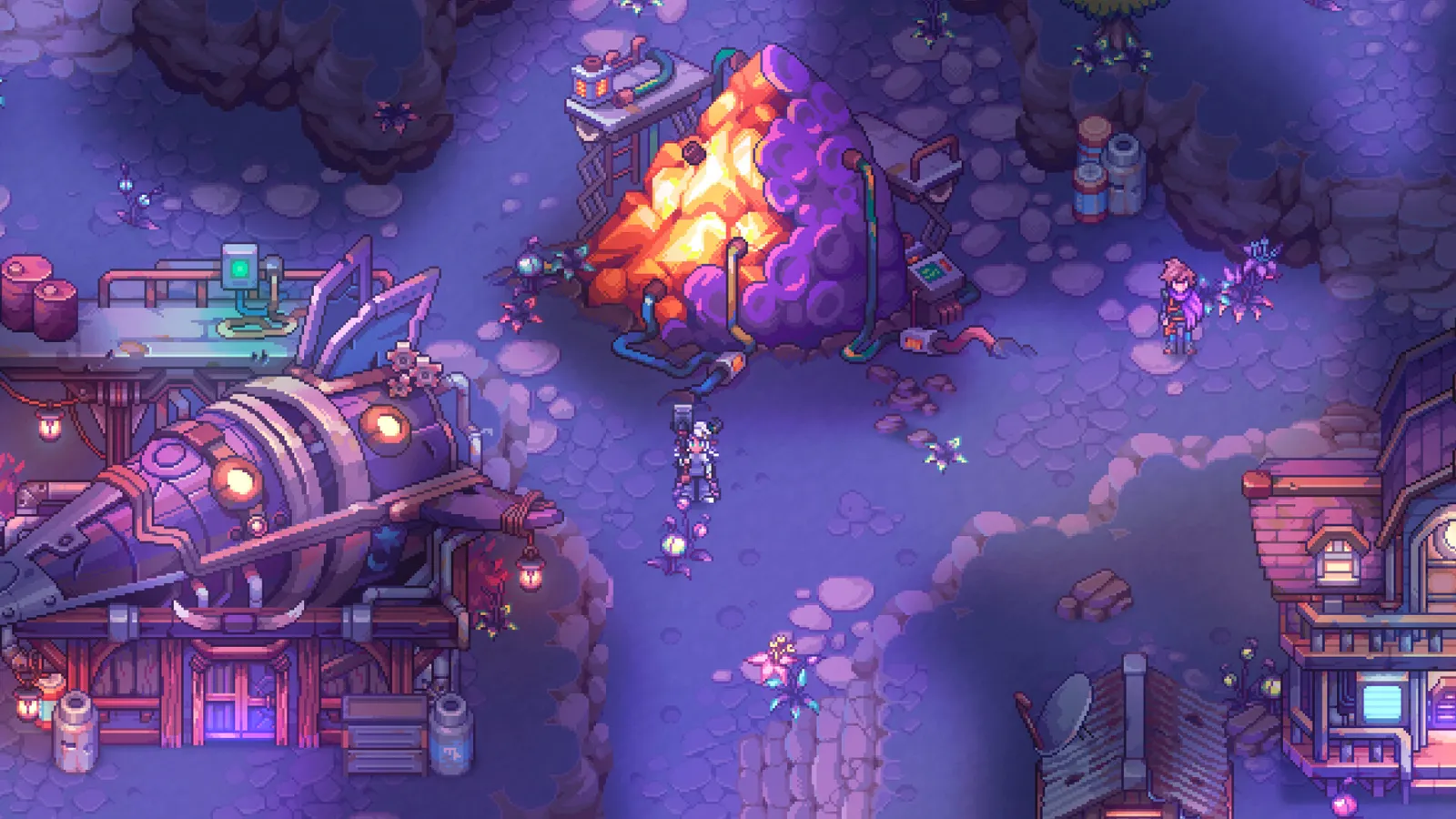 An expedition camp beside a crashed airship at dusk in Soulbound: Online