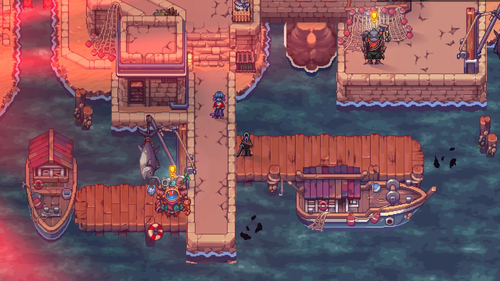 Players fishing from wooden docks at sunset in Soulbound: Online