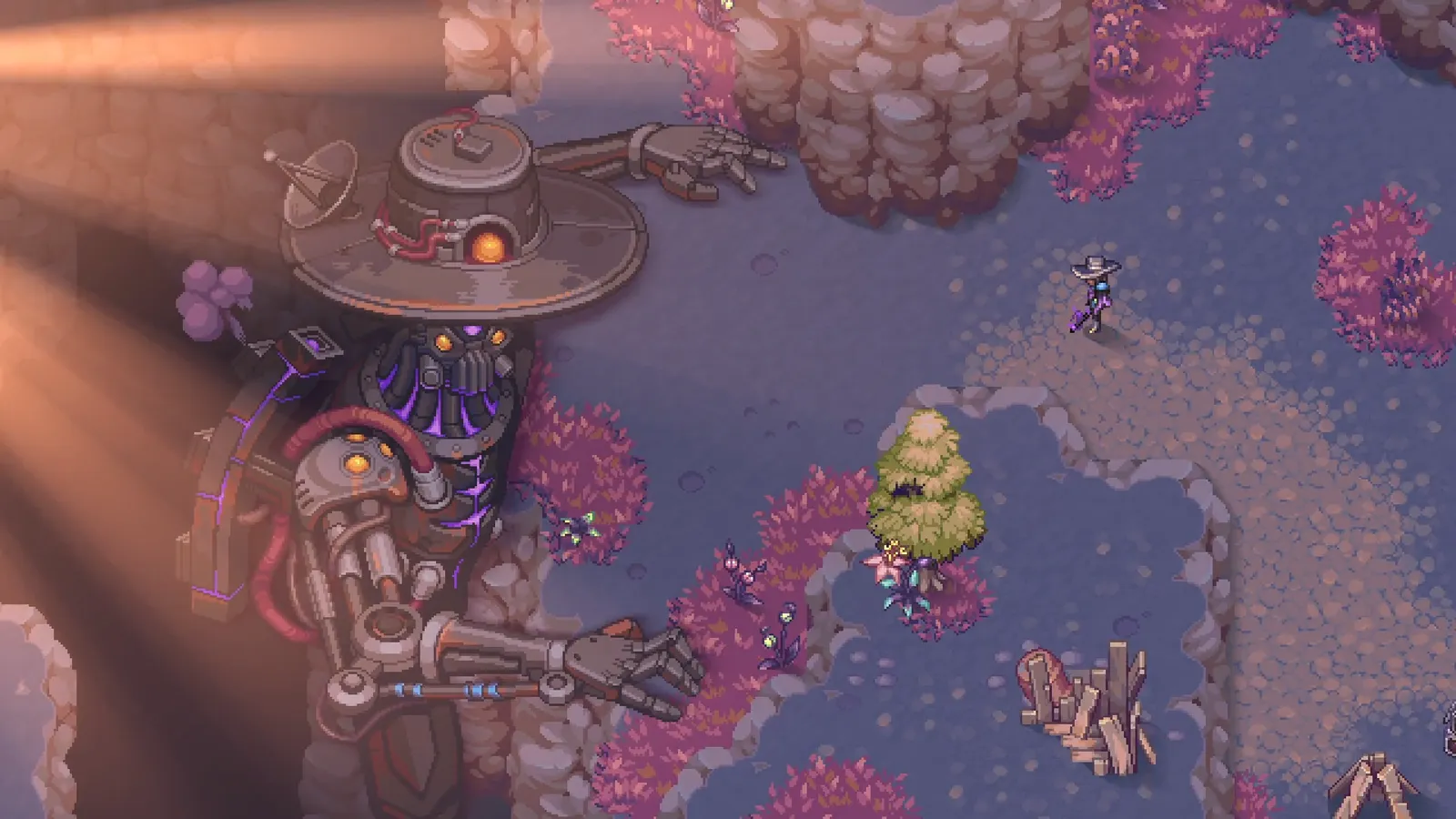 A large robotic figure examining glowing coral-like plant clusters in an overworld foraging area in Soulbound: Online