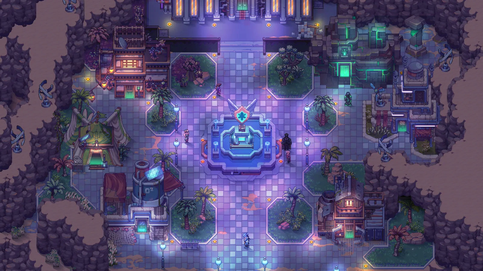 A plaza with market stalls glowing at night in Soulbound: Online
