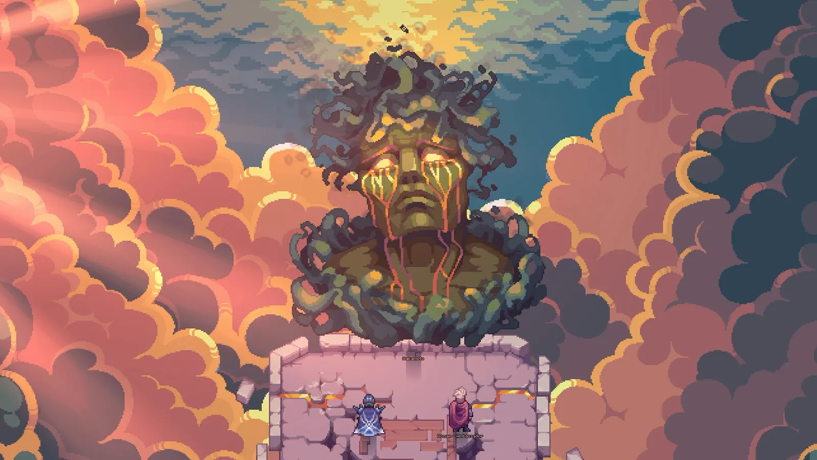 A giant overgrown statue head rising into the clouds in Soulbound: Online